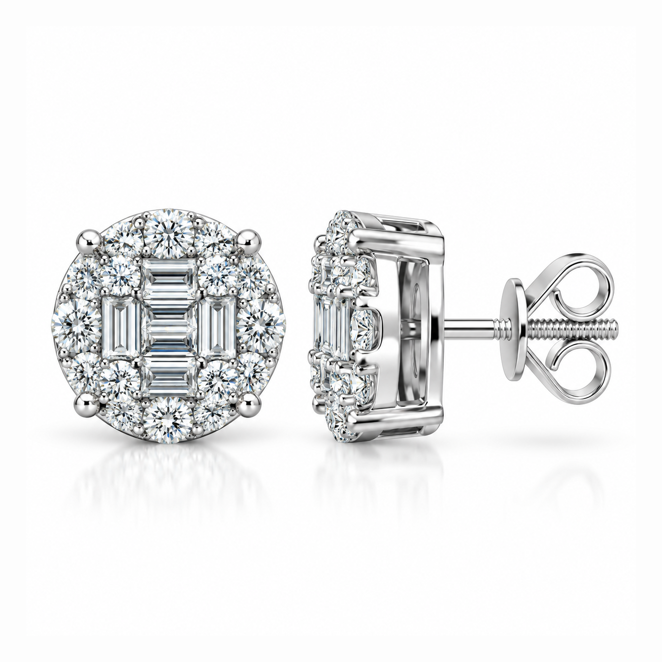 Round Baguette Moissanite Diamond Men's Stud Earrings