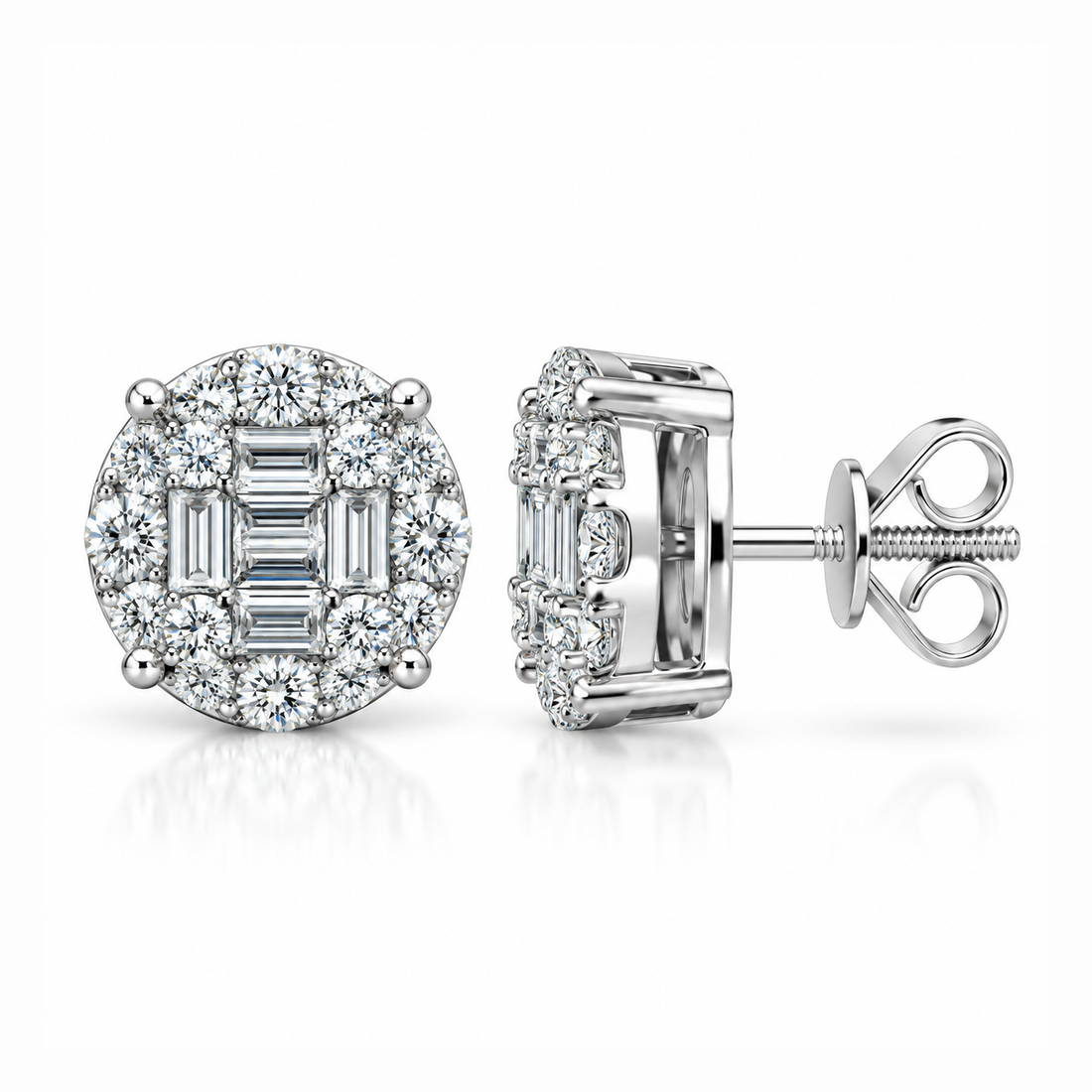 Round Baguette Moissanite Diamond Men's Stud Earrings