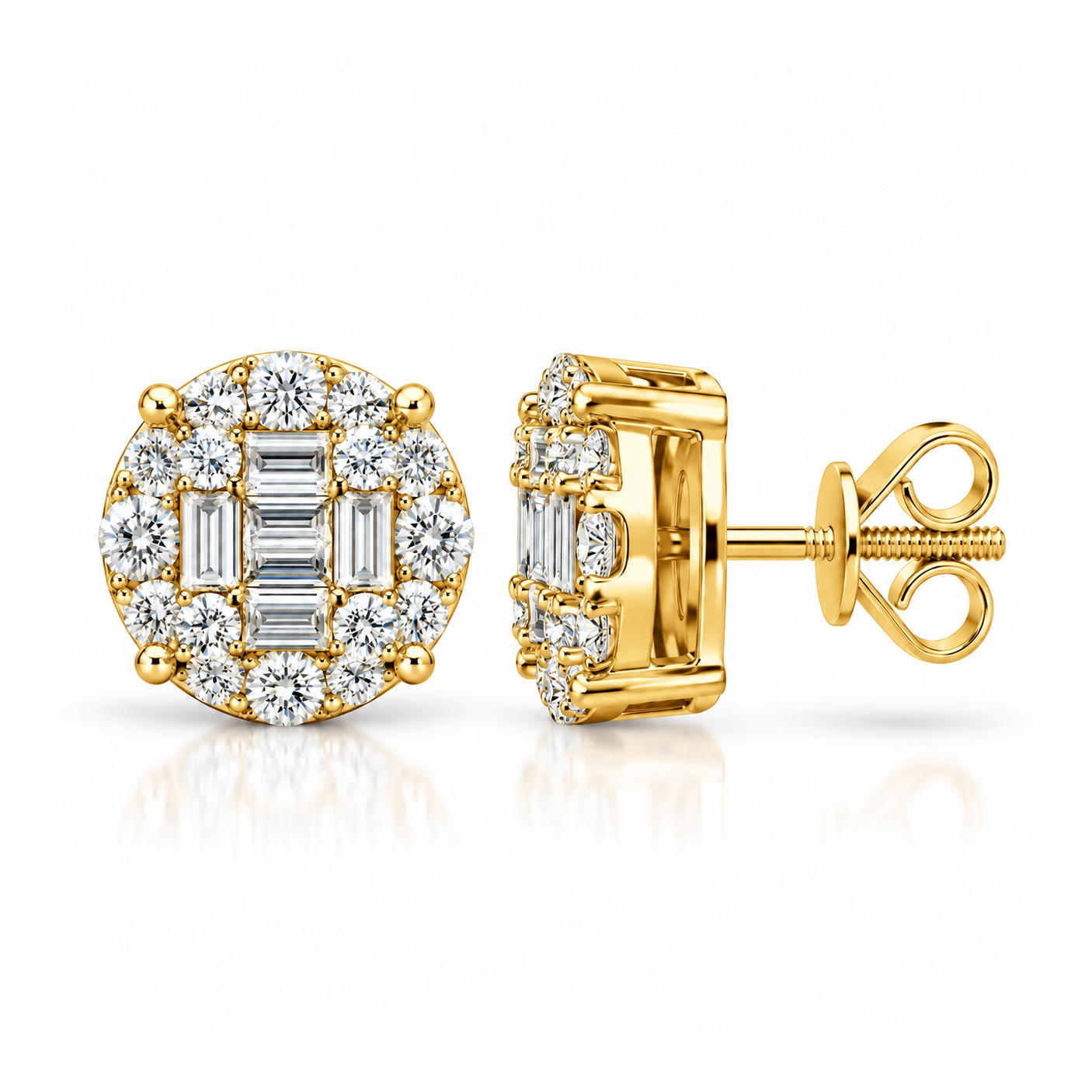 Round Baguette Moissanite Diamond Men's Stud Earrings