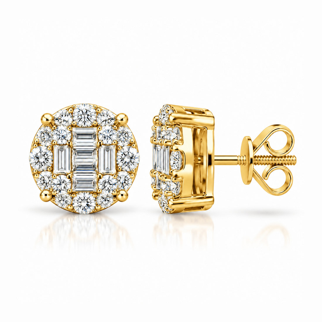 Round Baguette Moissanite Diamond Men's Stud Earrings