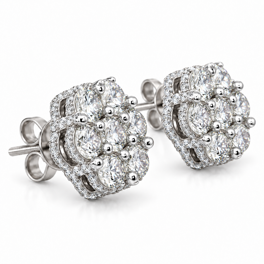 Flower Shape Embellished Screw Back Moissanite Diamond Unisex Earring