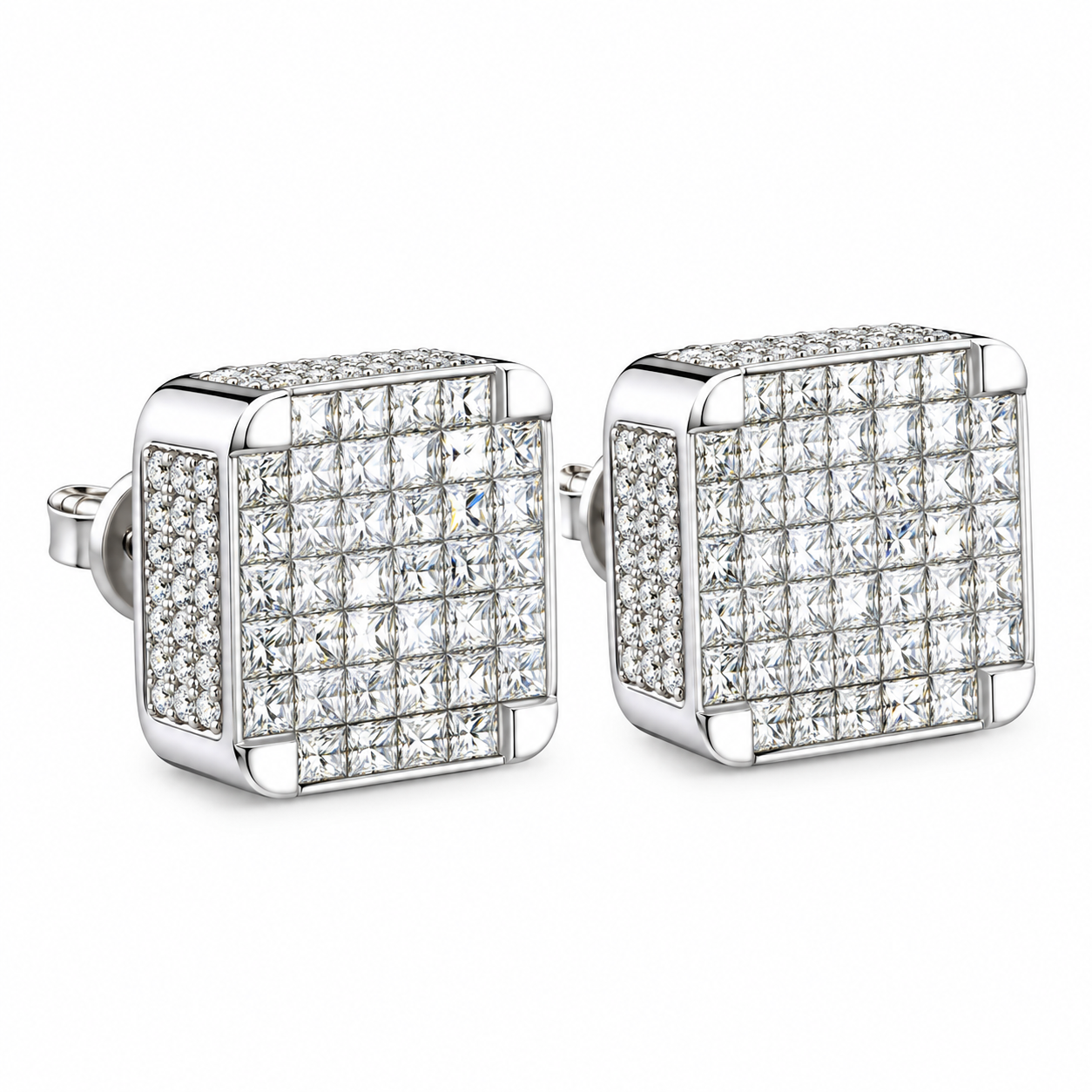 Hip Hop Round And Princess Moissanite Diamond Stud Earring