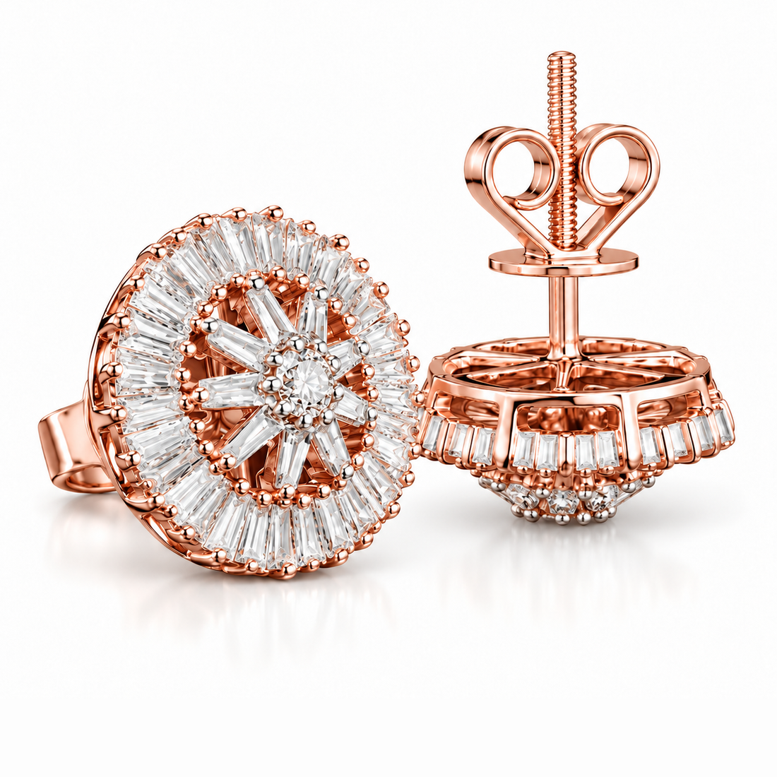 Flower Shape Round Baguette Moissanite Diamond Earrings for Unisex
