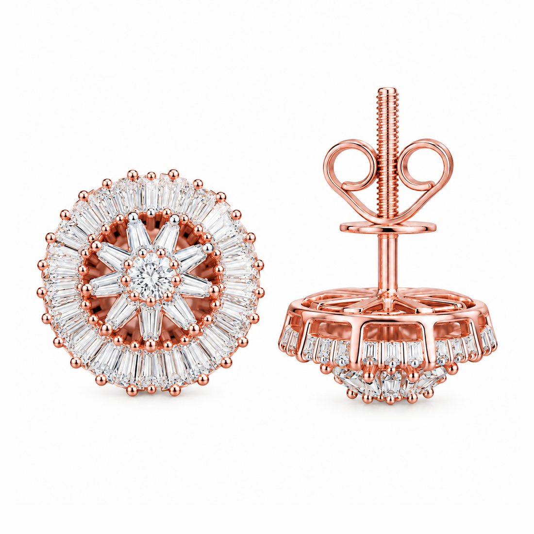 Flower Shape Round Baguette Moissanite Diamond Earrings for Unisex