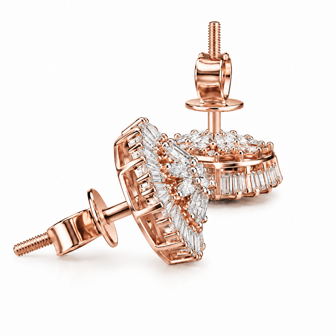 Flower Shape Round Baguette Moissanite Diamond Earrings for Unisex