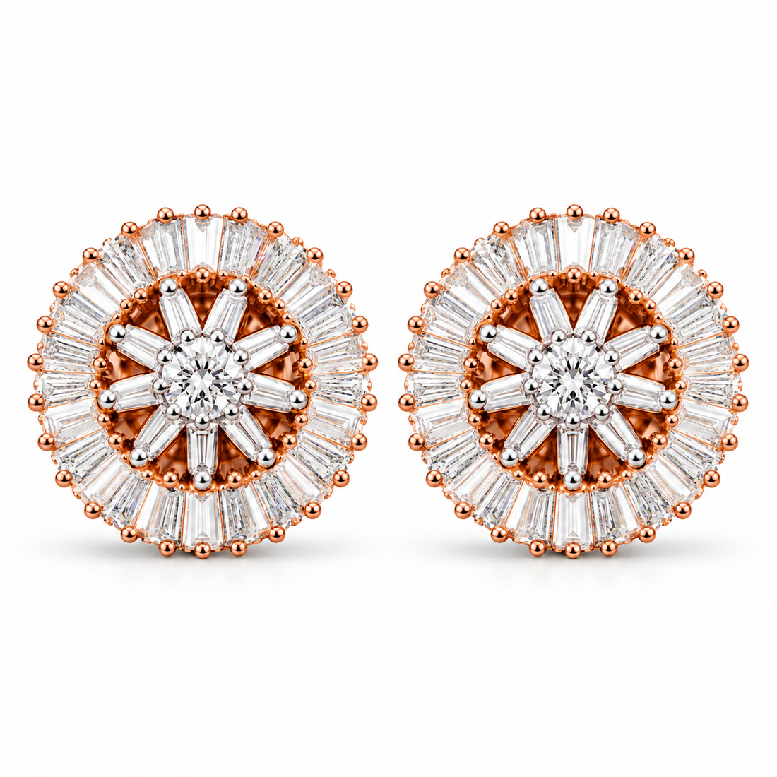 Flower Shape Round Baguette Moissanite Diamond Earrings for Unisex