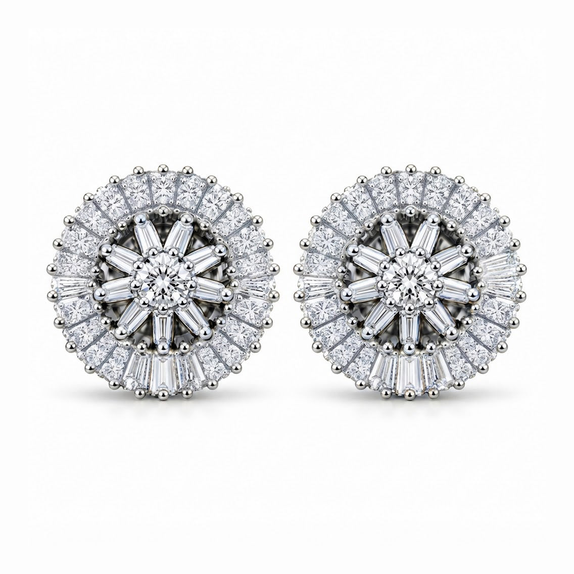 Flower Shape Round Baguette Moissanite Diamond Earrings for Unisex
