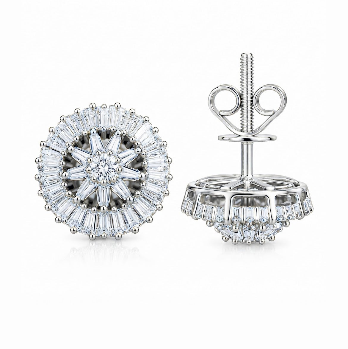 Flower Shape Round Baguette Moissanite Diamond Earrings for Unisex
