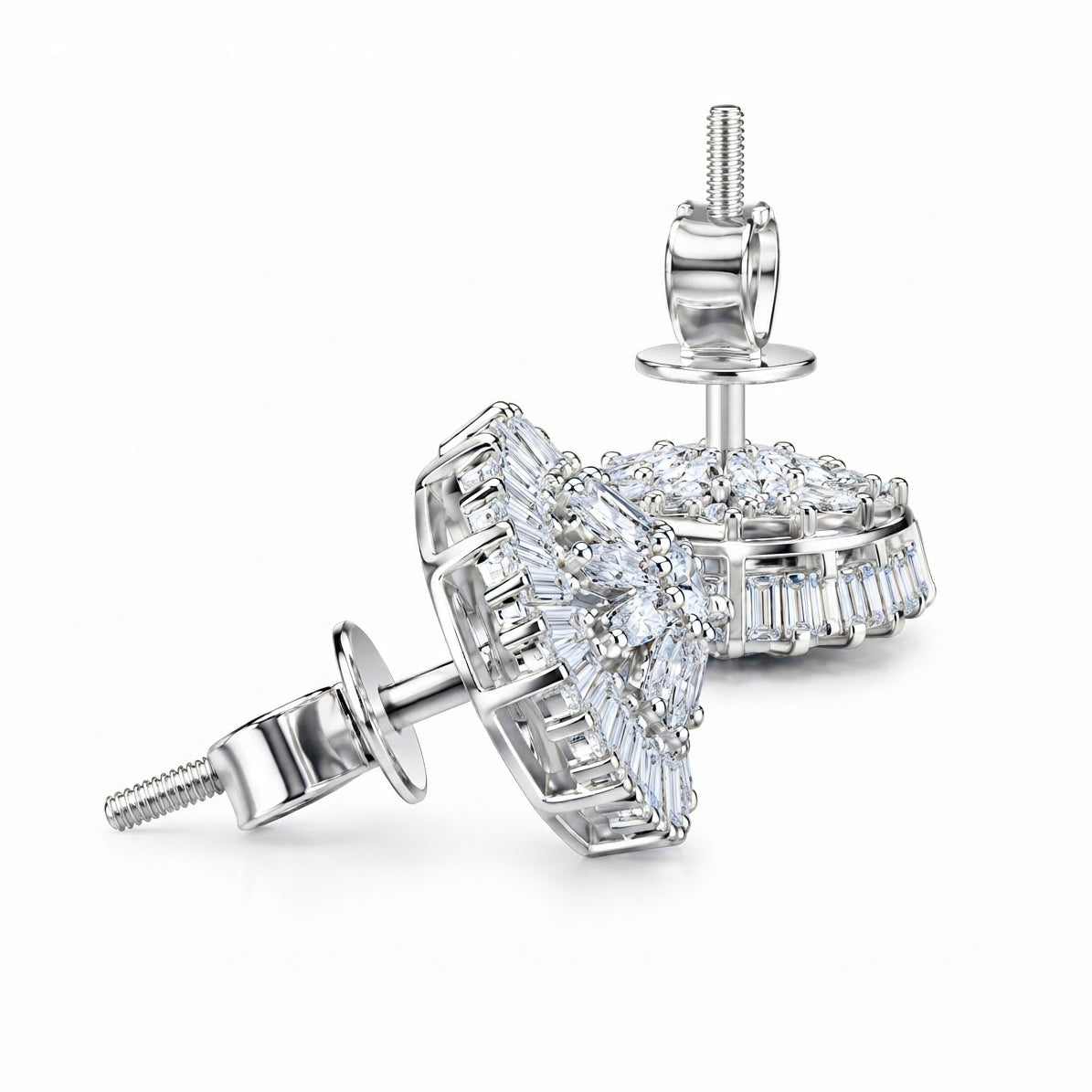 Flower Shape Round Baguette Moissanite Diamond Earrings for Unisex