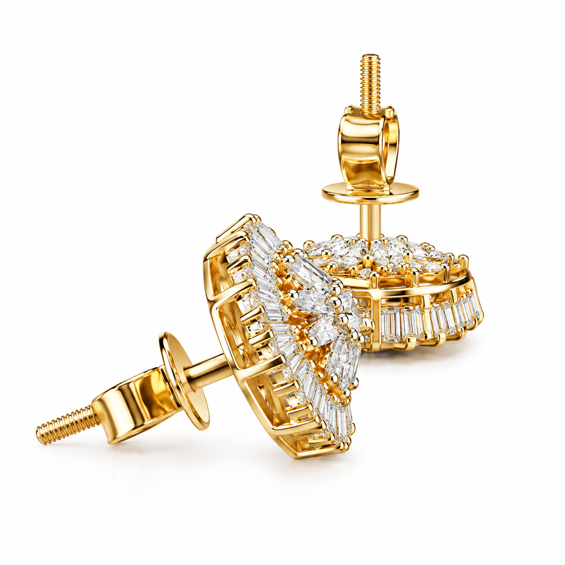 Flower Shape Round Baguette Moissanite Diamond Earrings for Unisex