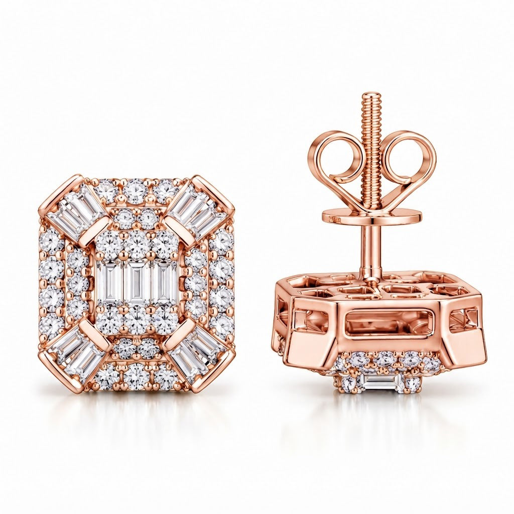 Cluster Round Baguette Moissanite Hip Hop Stud Earrings