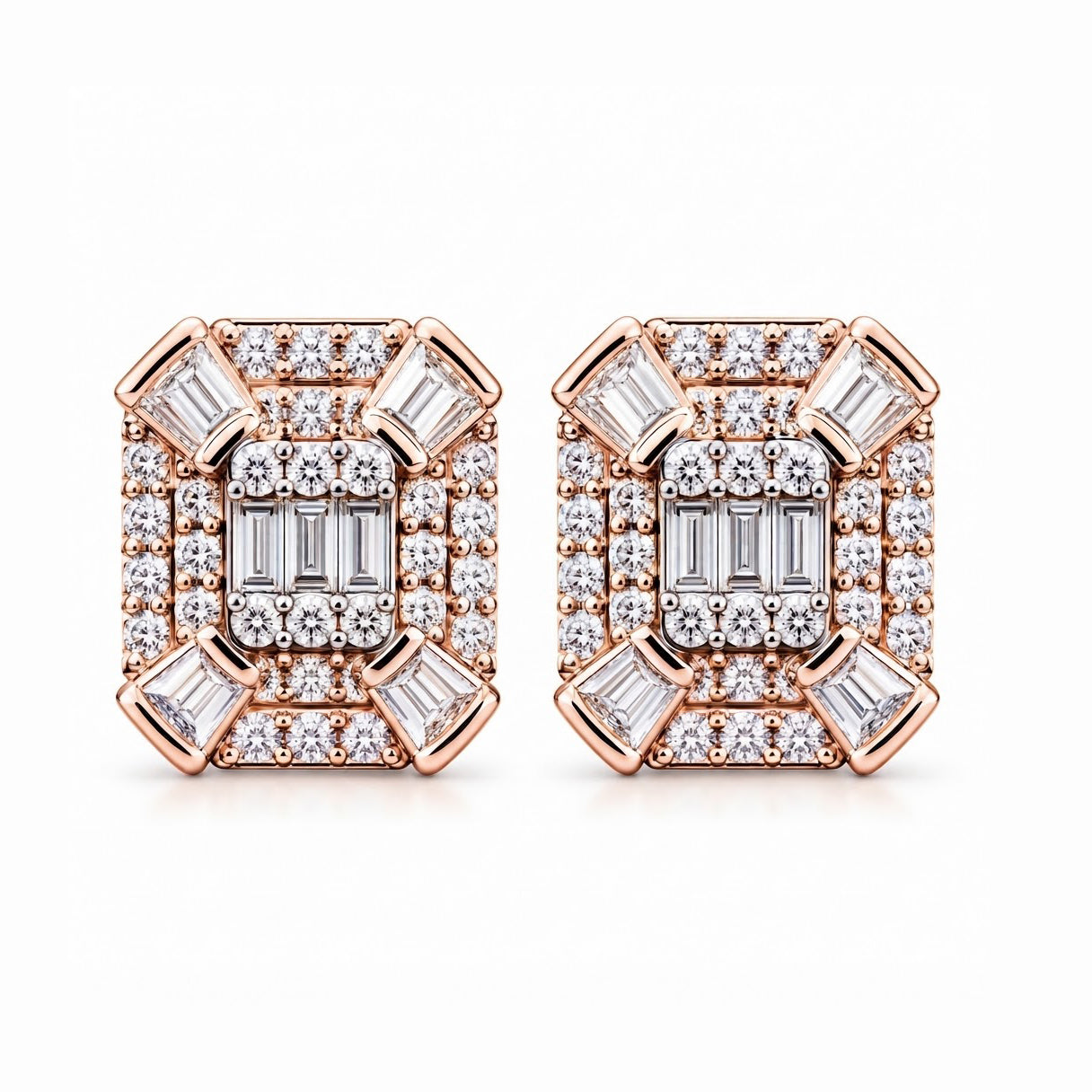 Cluster Round Baguette Moissanite Hip Hop Stud Earrings