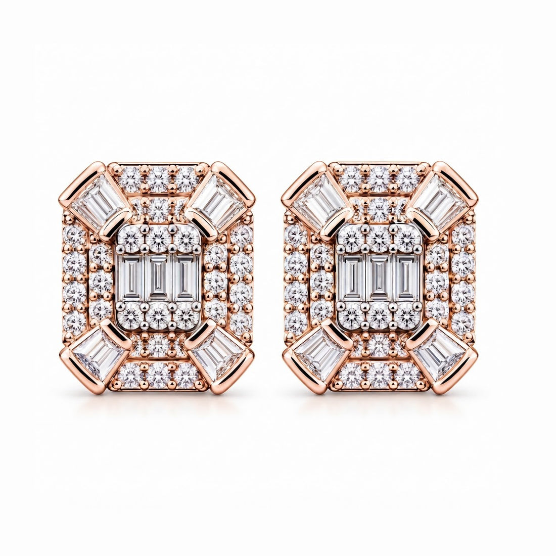 Cluster Round Baguette Moissanite Hip Hop Stud Earrings