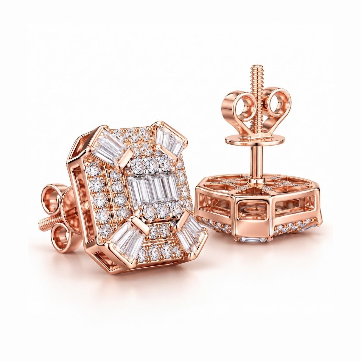 Cluster Round Baguette Moissanite Hip Hop Stud Earrings
