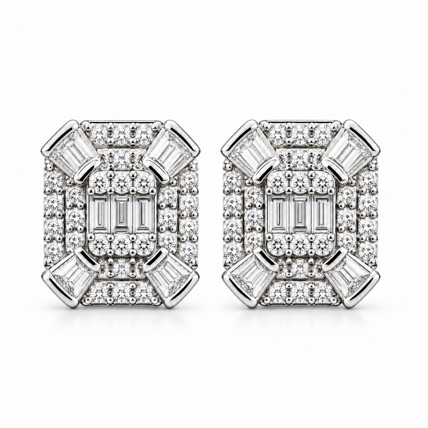 Cluster Round Baguette Moissanite Hip Hop Stud Earrings