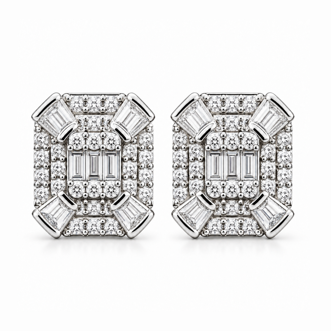 Cluster Round Baguette Moissanite Hip Hop Stud Earrings