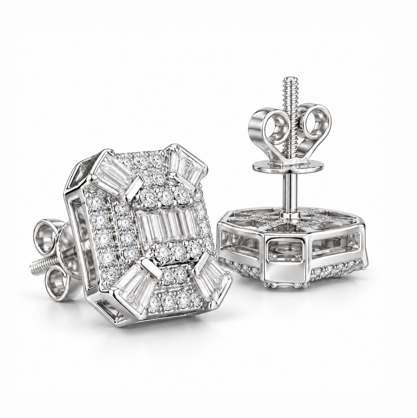 Cluster Round Baguette Moissanite Hip Hop Stud Earrings