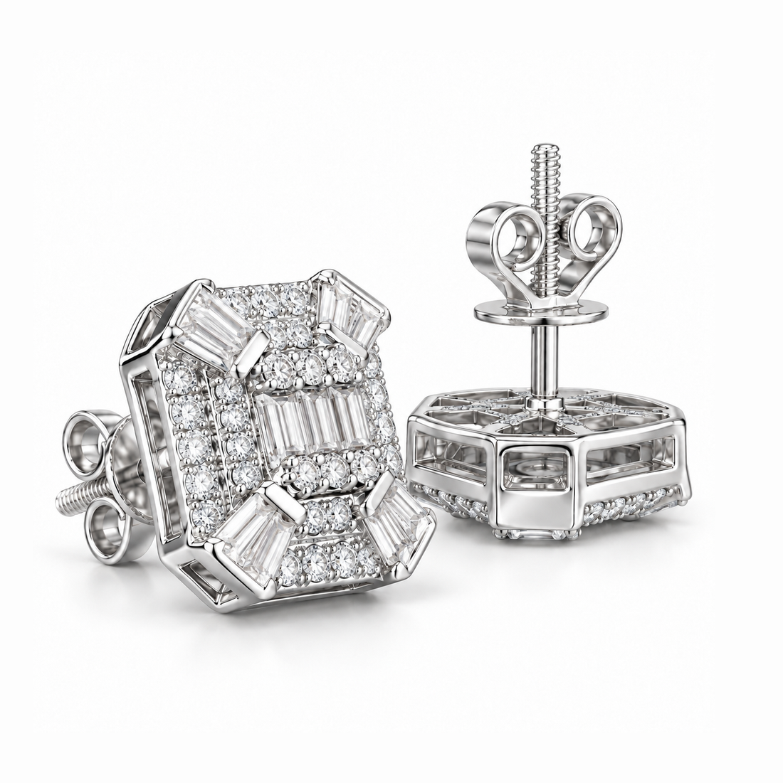 Cluster Round Baguette Moissanite Hip Hop Stud Earrings