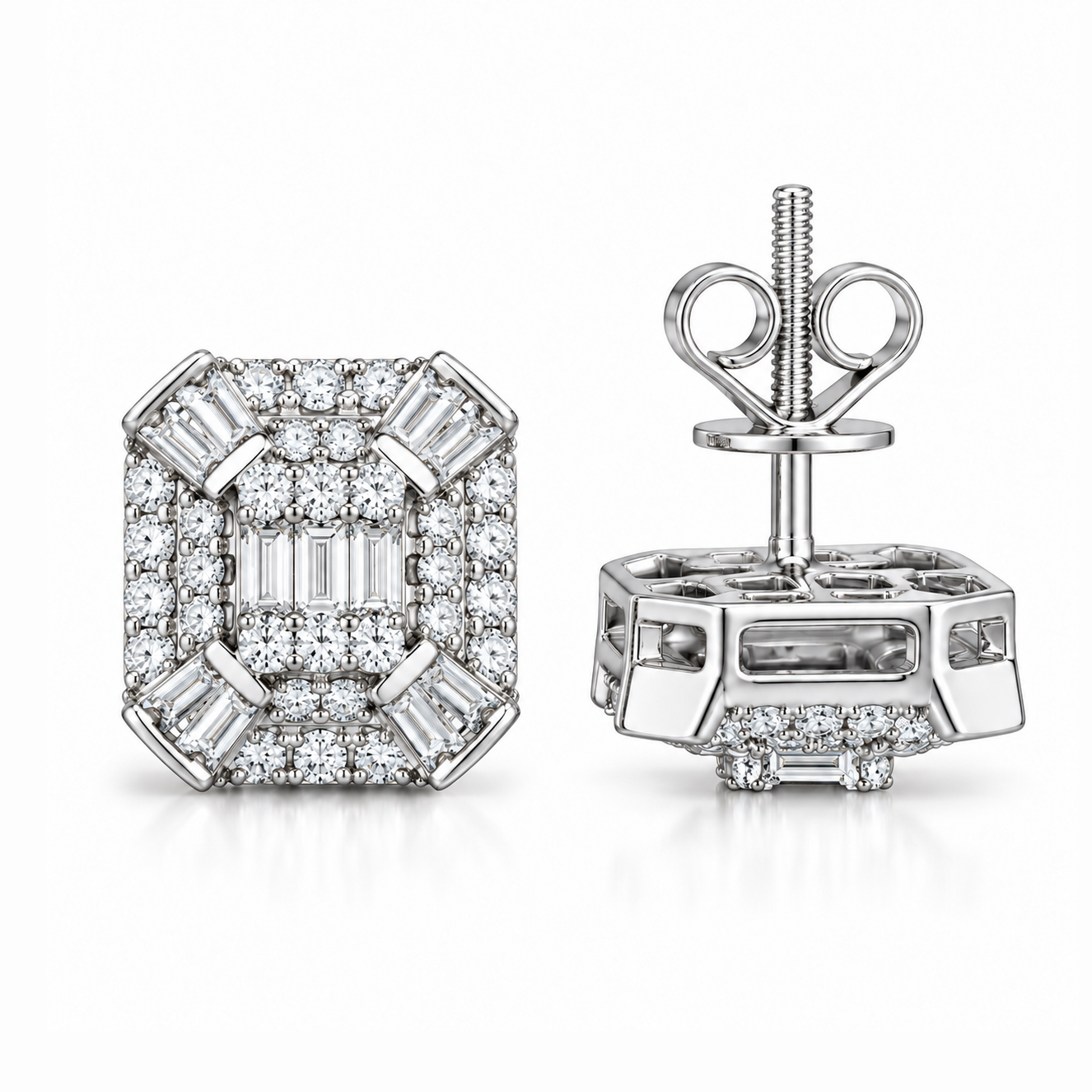 Cluster Round Baguette Moissanite Hip Hop Stud Earrings