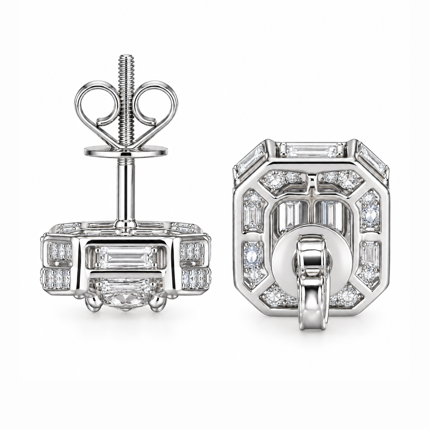 Cluster Round Baguette Moissanite Hip Hop Stud Earrings