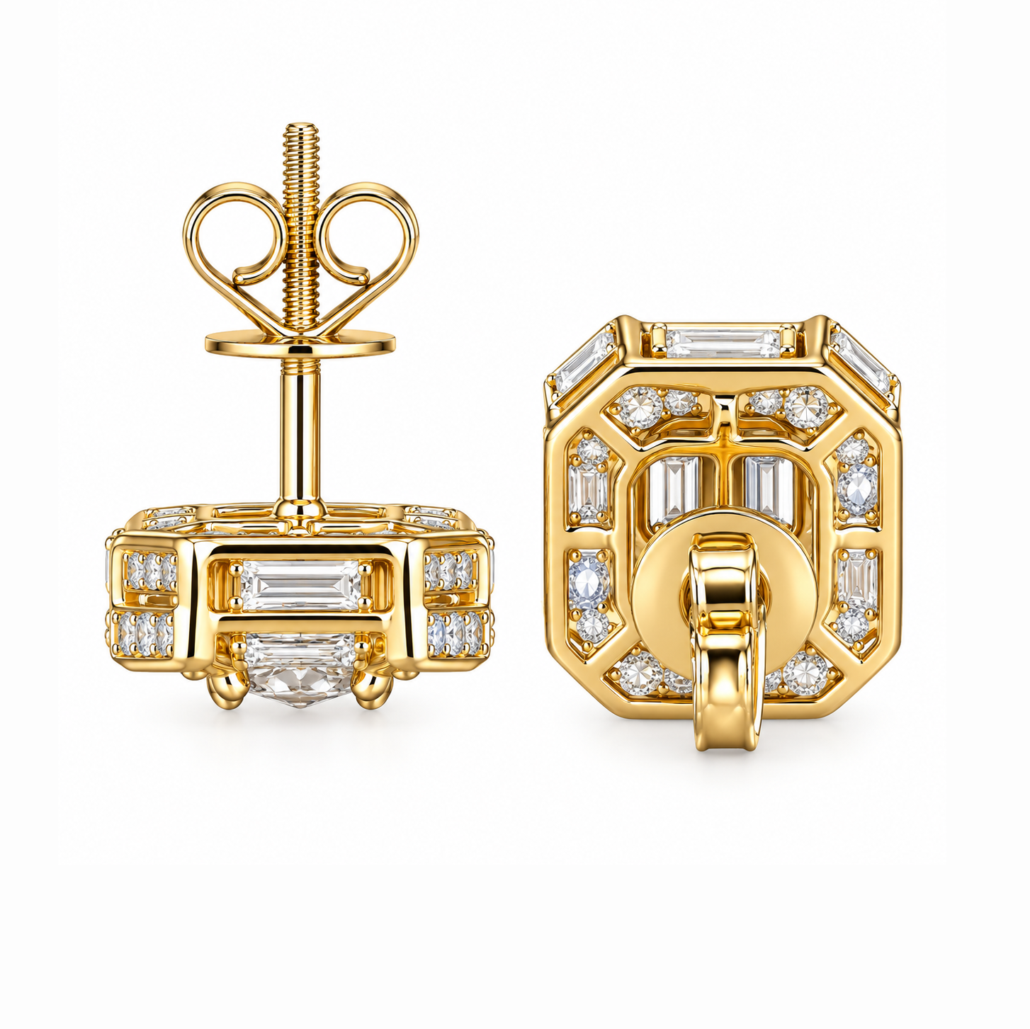 Cluster Round Baguette Moissanite Hip Hop Stud Earrings