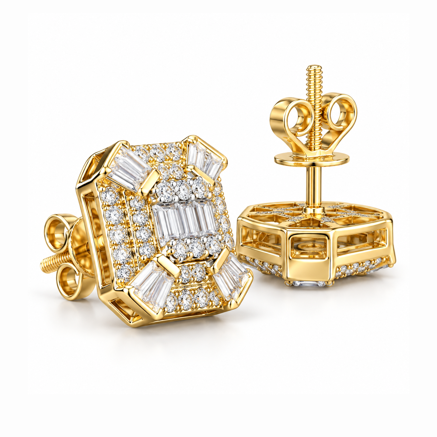 Cluster Round Baguette Moissanite Hip Hop Stud Earrings