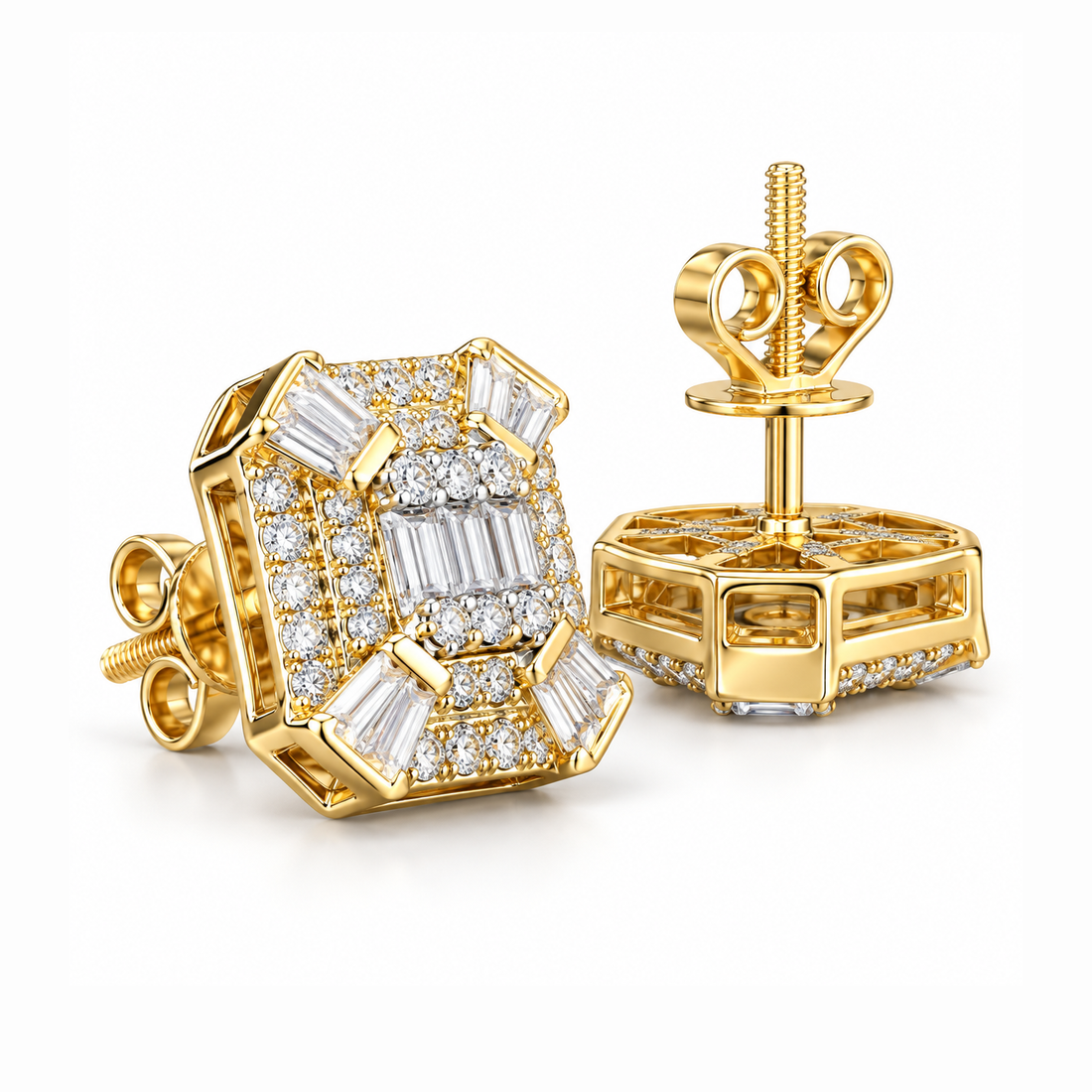 Cluster Round Baguette Moissanite Hip Hop Stud Earrings