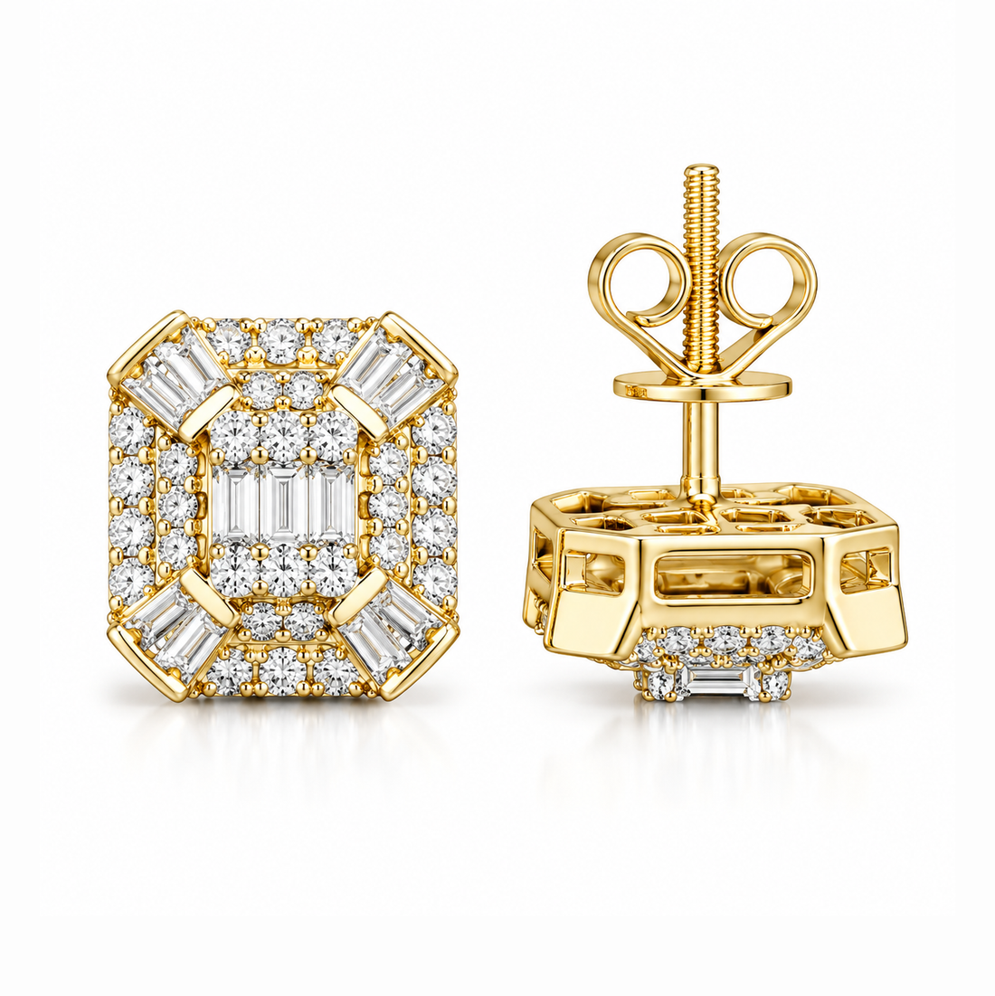 Cluster Round Baguette Moissanite Hip Hop Stud Earrings