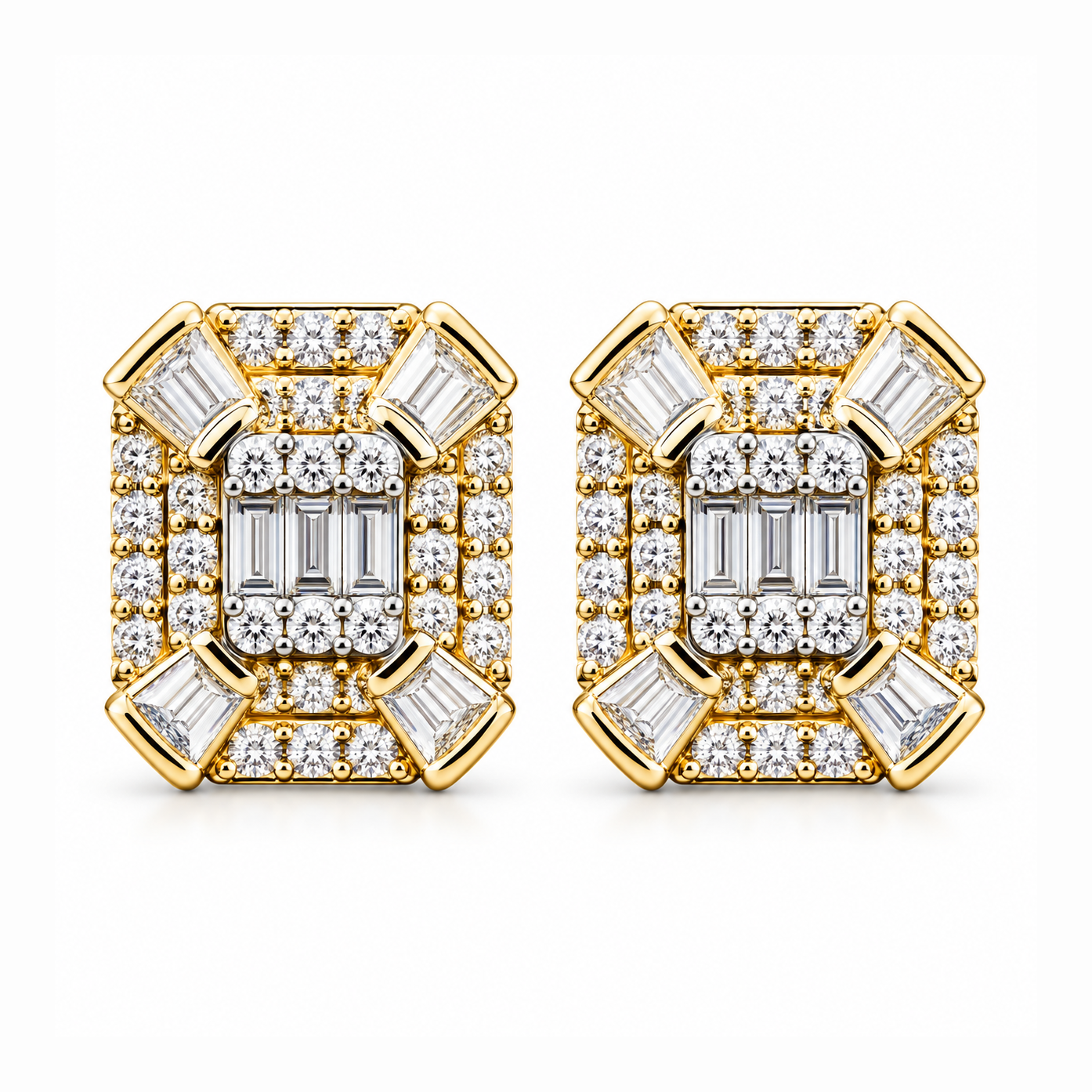 Cluster Round Baguette Moissanite Hip Hop Stud Earrings