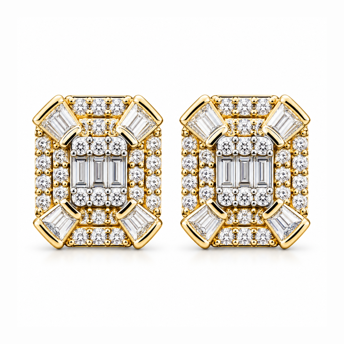 Cluster Round Baguette Moissanite Hip Hop Stud Earrings