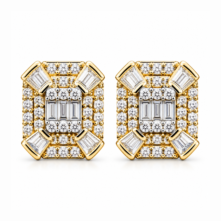 Cluster Round Baguette Moissanite Hip Hop Stud Earrings
