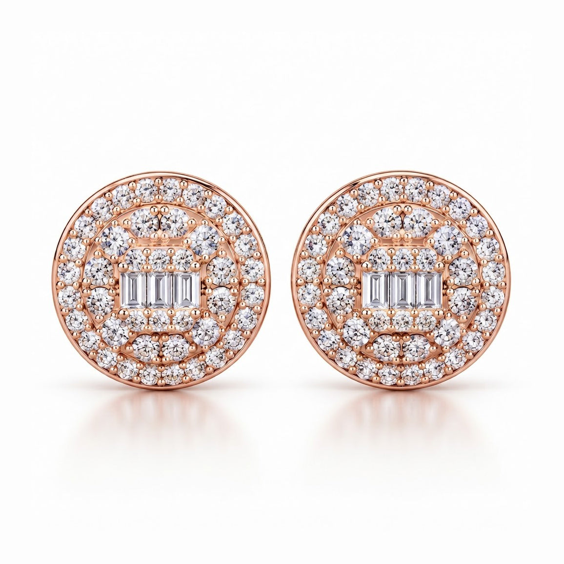 Round Baguette Cluster Style Hip Hop Diamond Stud Earrings for Unisex