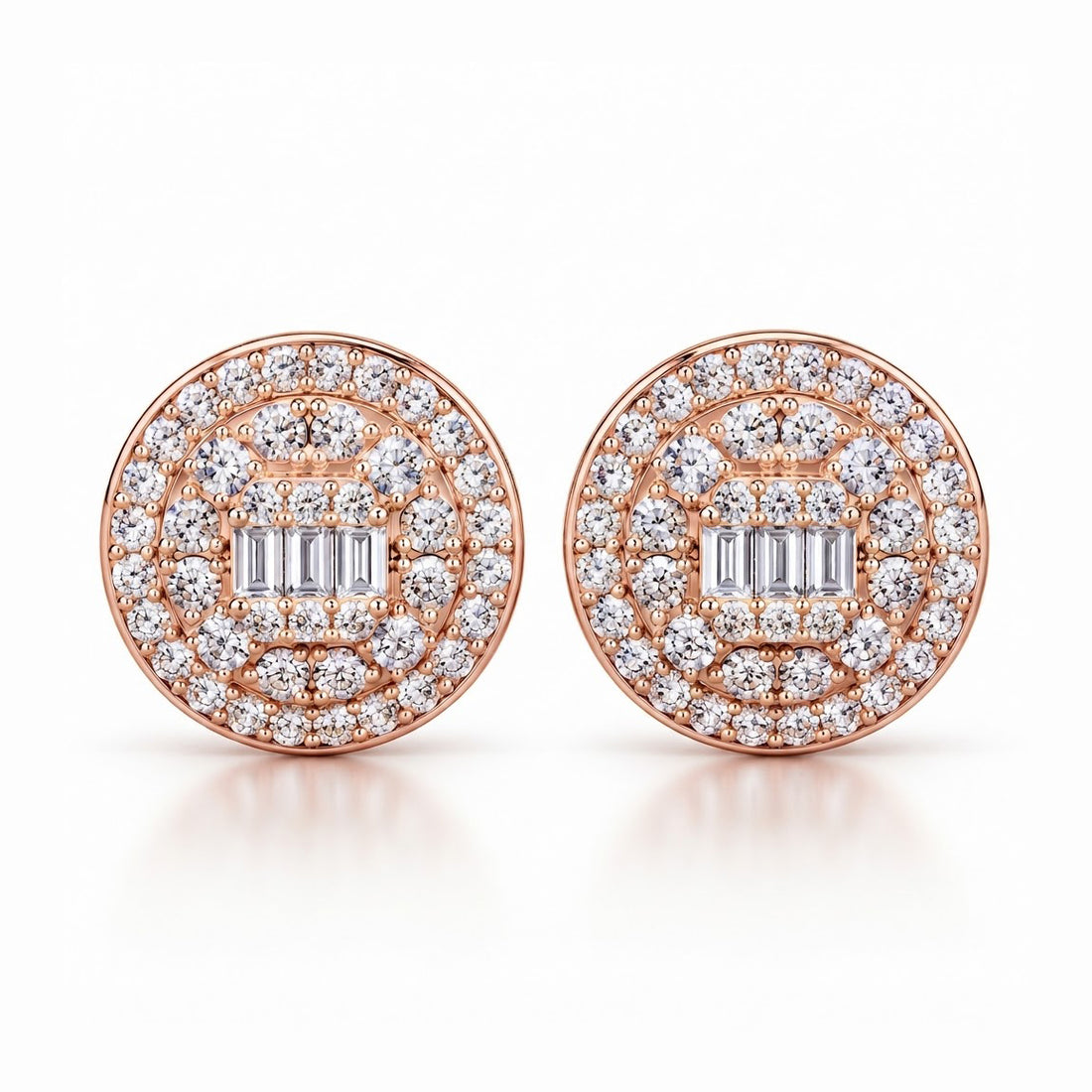 Round Baguette Cluster Style Hip Hop Diamond Stud Earrings for Unisex