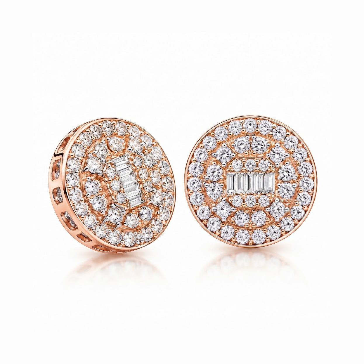 Round Baguette Cluster Style Hip Hop Diamond Stud Earrings for Unisex