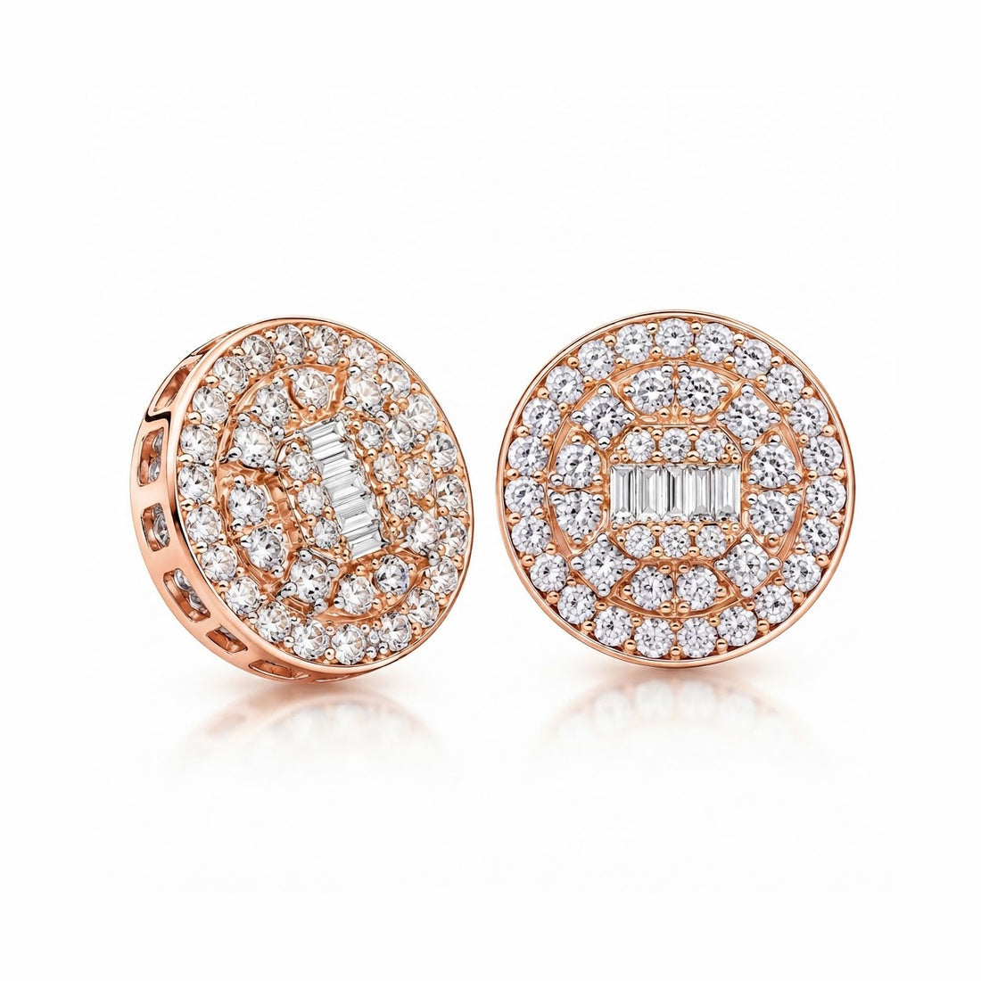 Round Baguette Cluster Style Hip Hop Diamond Stud Earrings for Unisex