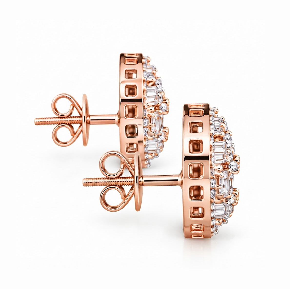 Round Baguette Cluster Style Hip Hop Diamond Stud Earrings for Unisex