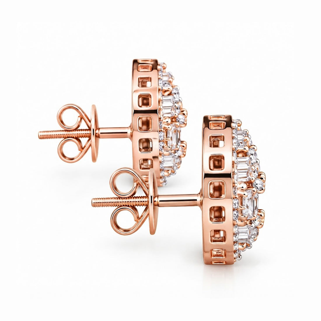 Round Baguette Cluster Style Hip Hop Diamond Stud Earrings for Unisex