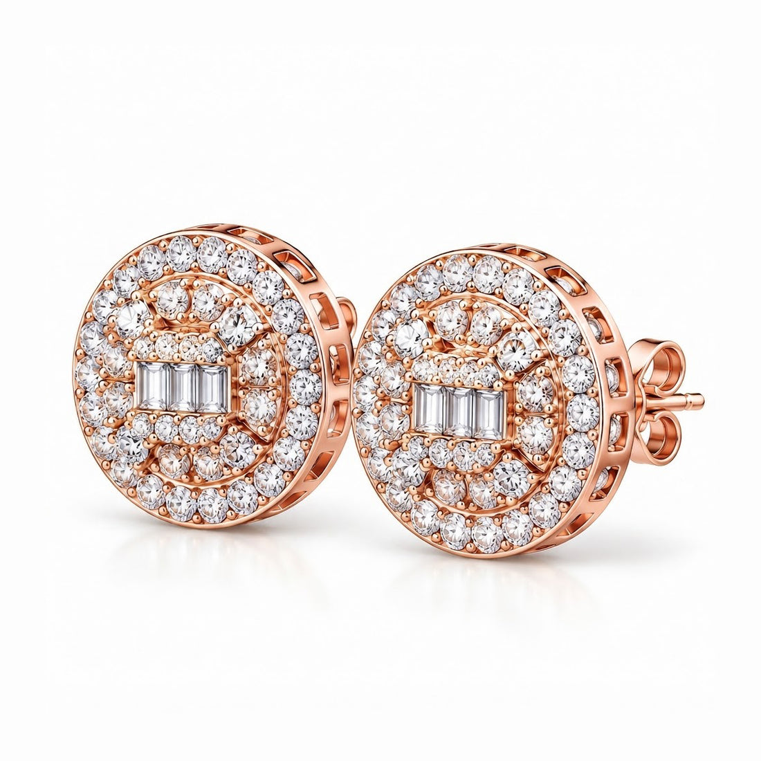 Round Baguette Cluster Style Hip Hop Diamond Stud Earrings for Unisex