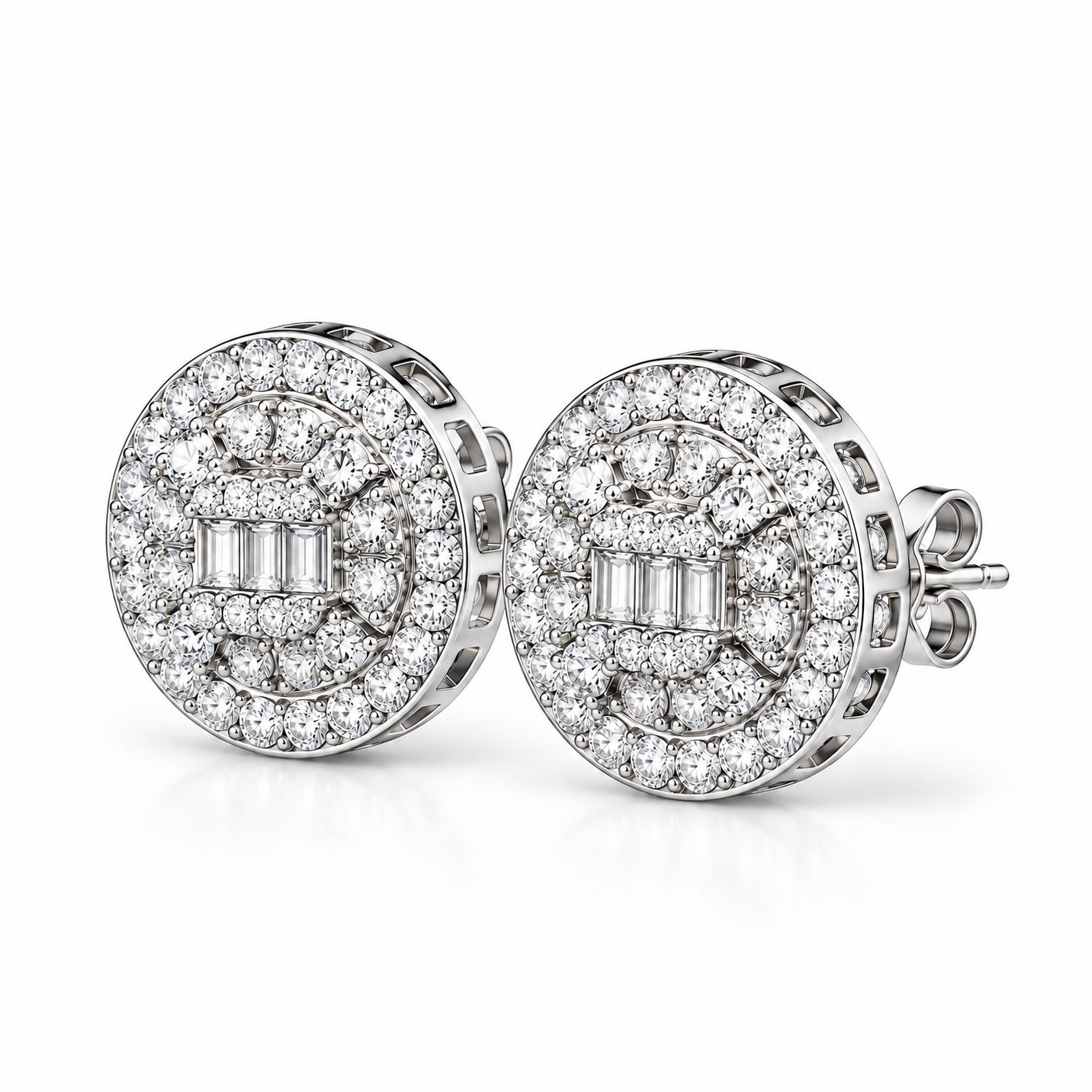 Round Baguette Cluster Style Hip Hop Diamond Stud Earrings for Unisex