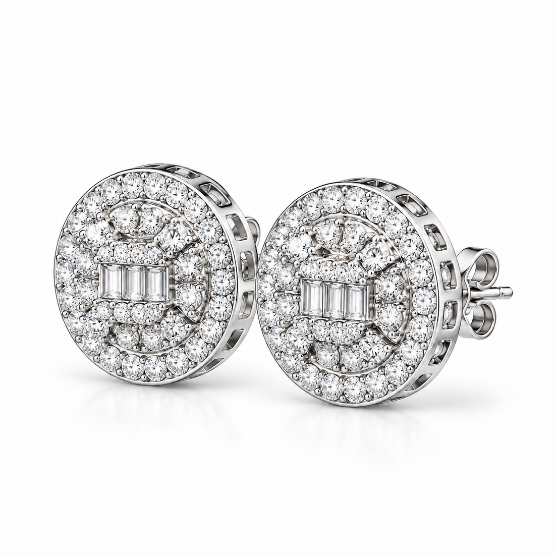 Round Baguette Cluster Style Hip Hop Diamond Stud Earrings for Unisex