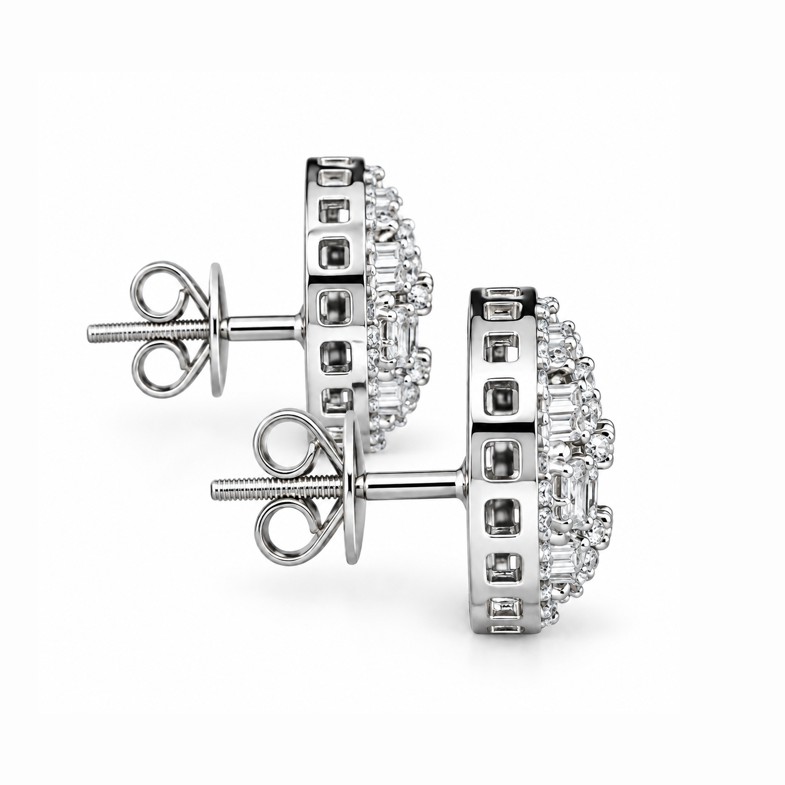 Round Baguette Cluster Style Hip Hop Diamond Stud Earrings for Unisex
