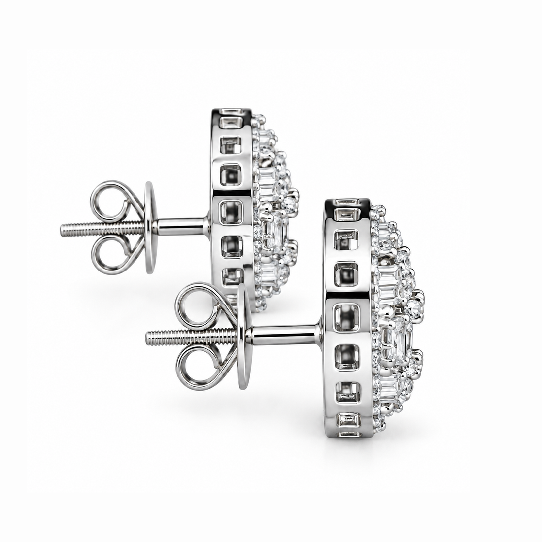 Round Baguette Cluster Style Hip Hop Diamond Stud Earrings for Unisex