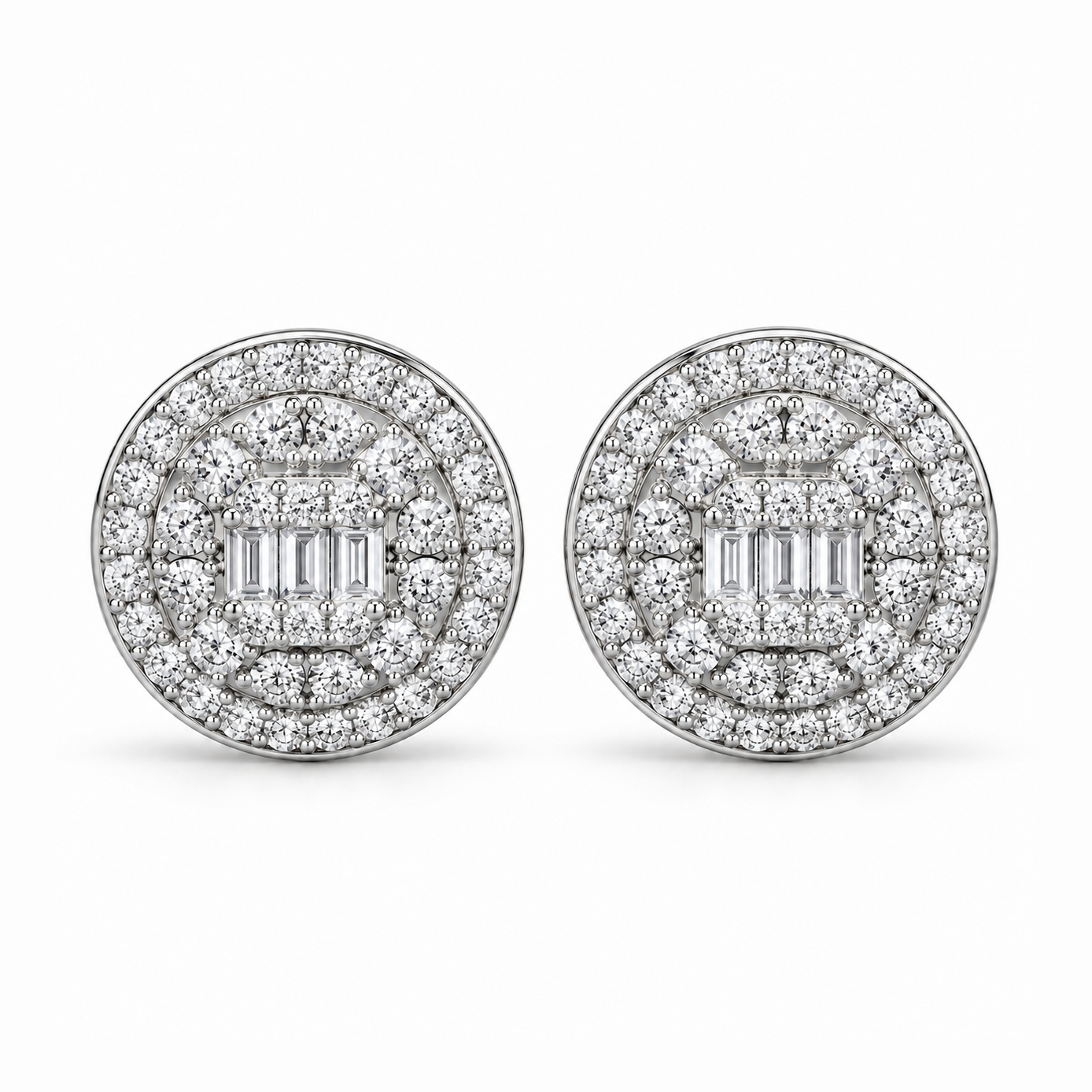 Round Baguette Cluster Style Hip Hop Diamond Stud Earrings for Unisex