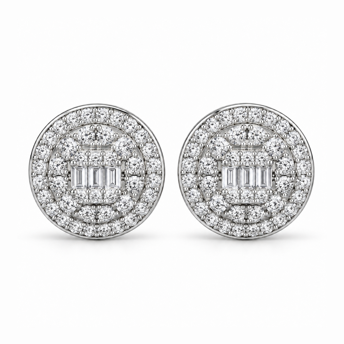 Round Baguette Cluster Style Hip Hop Diamond Stud Earrings for Unisex