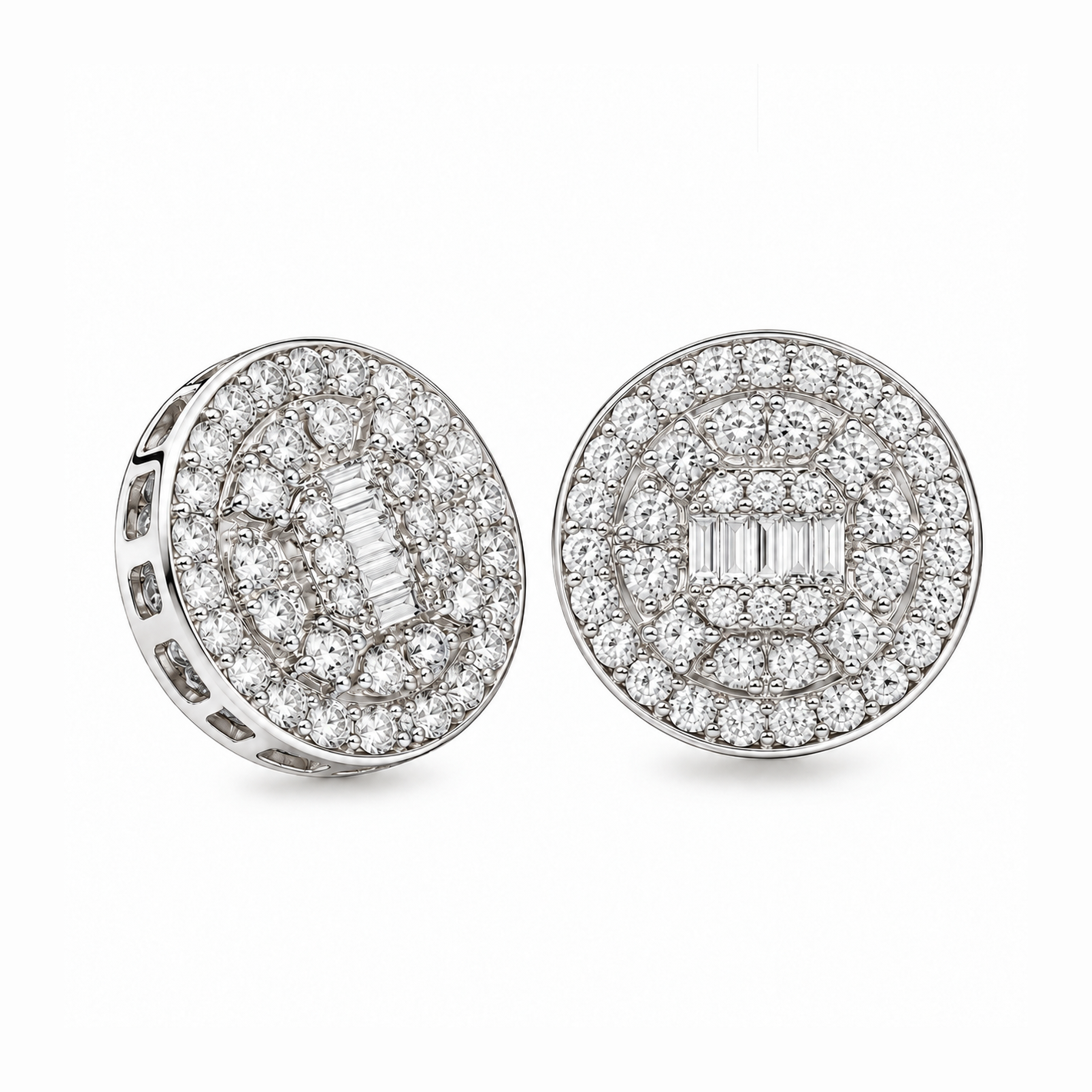 Round Baguette Cluster Style Hip Hop Diamond Stud Earrings for Unisex