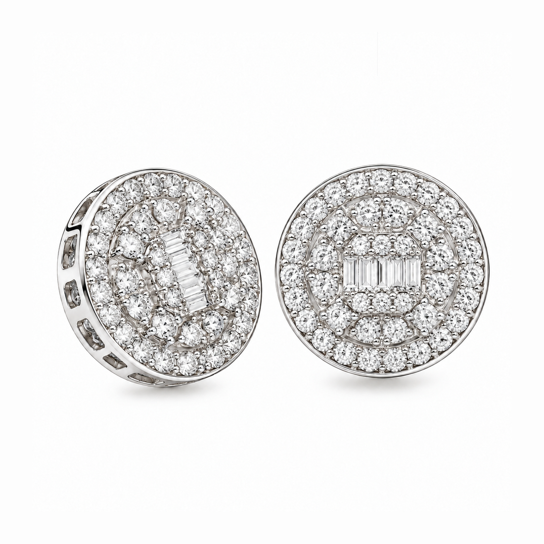 Round Baguette Cluster Style Hip Hop Diamond Stud Earrings for Unisex