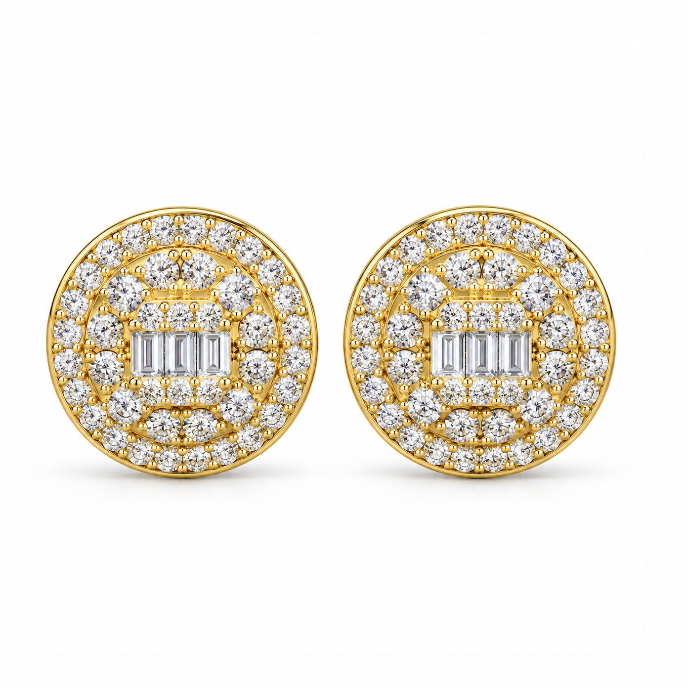 Round Baguette Cluster Style Hip Hop Diamond Stud Earrings for Unisex