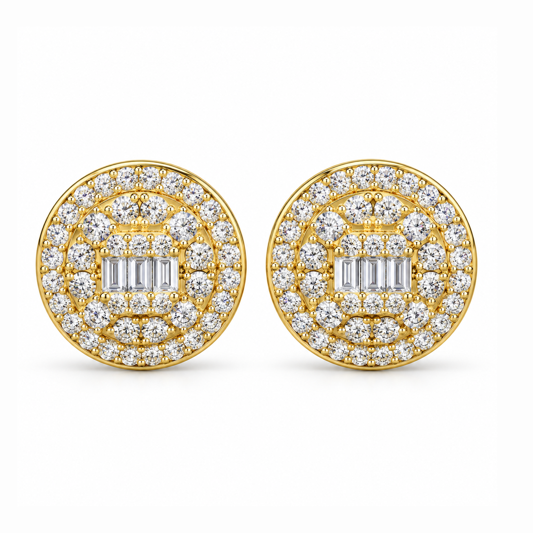 Round Baguette Cluster Style Hip Hop Diamond Stud Earrings for Unisex