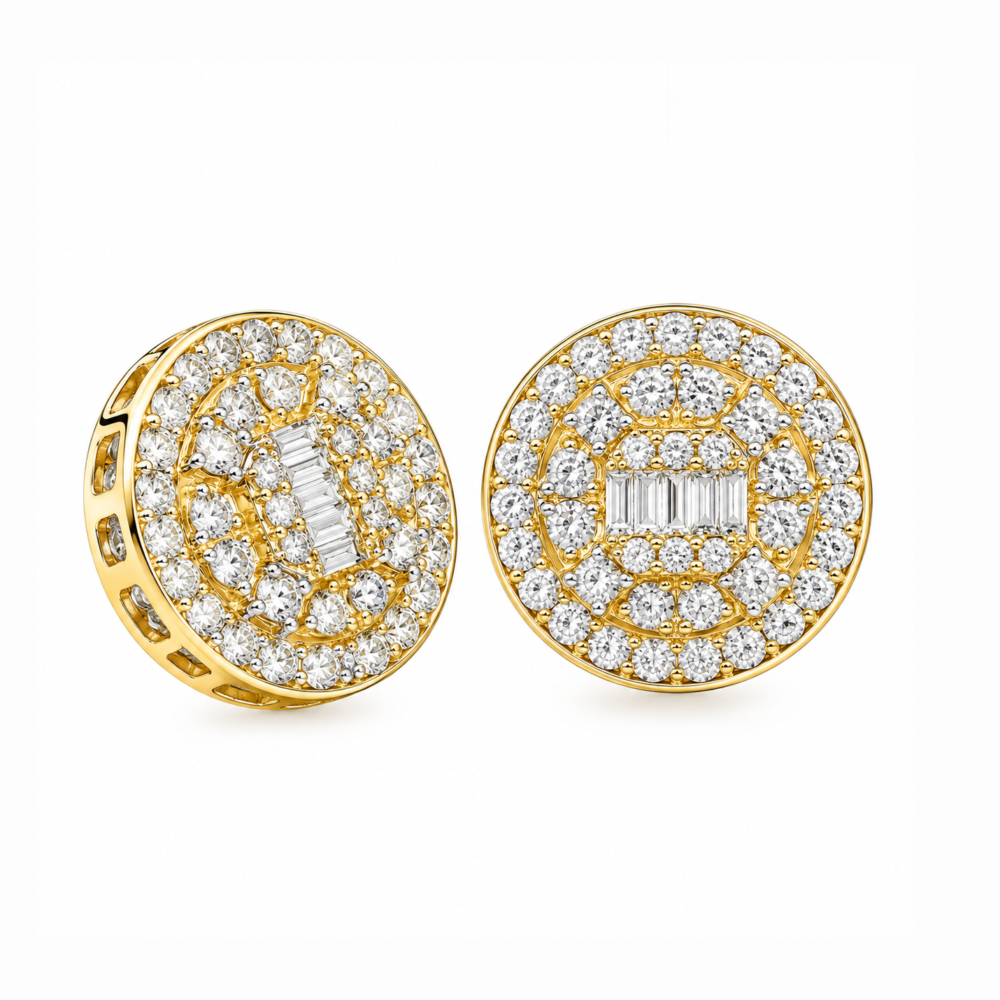 Round Baguette Cluster Style Hip Hop Diamond Stud Earrings for Unisex
