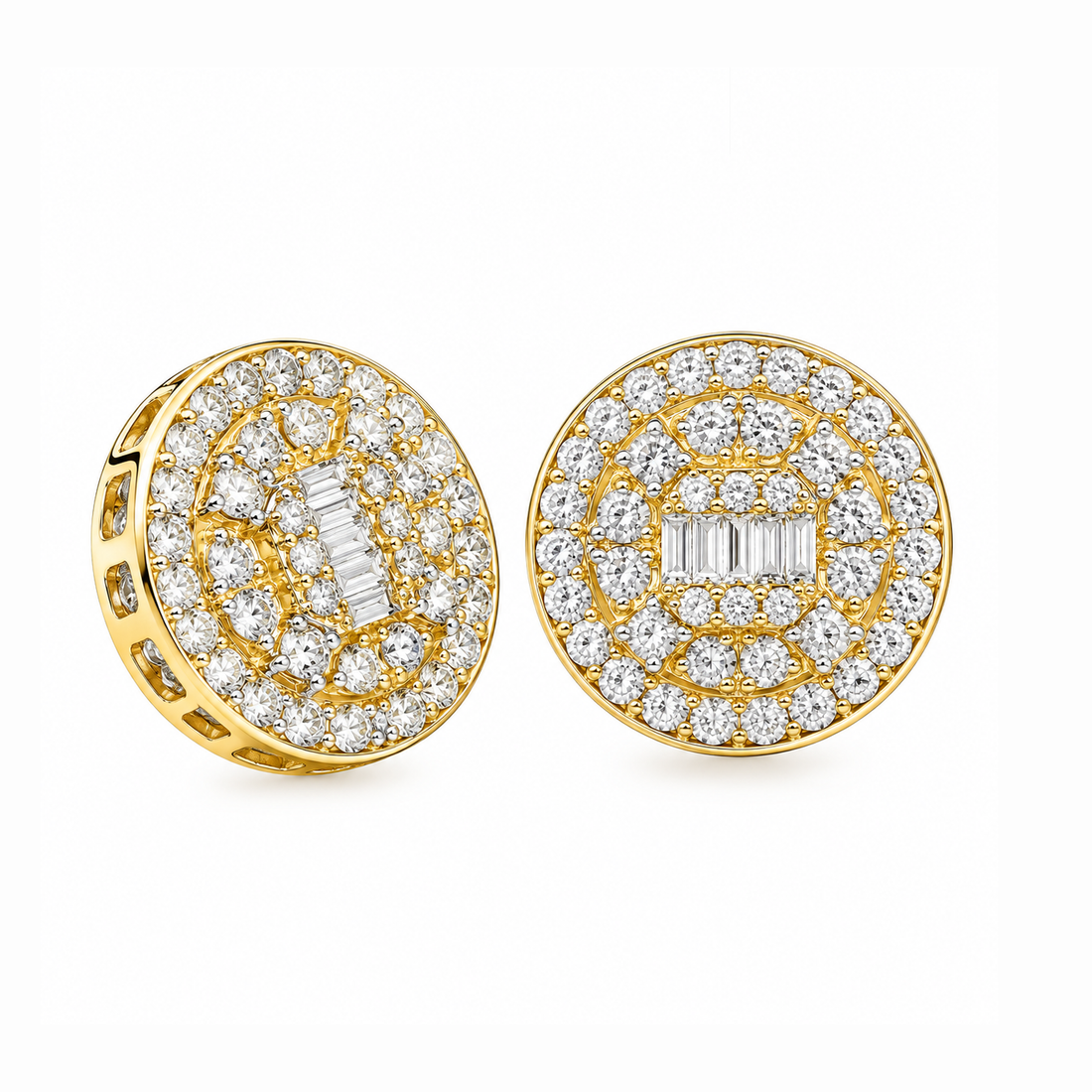 Round Baguette Cluster Style Hip Hop Diamond Stud Earrings for Unisex
